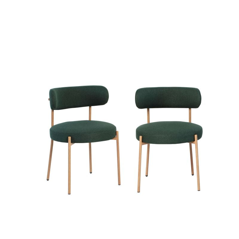 Lot de 2 chaises NOA tissu vert pieds métal finition bois, design épuré cuisine moderne