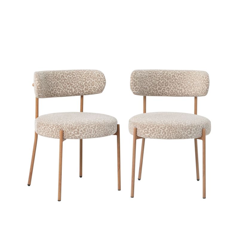 Lot de 2 chaises tissu imprimé léopard beige, pieds métal finition bois, style contemporain