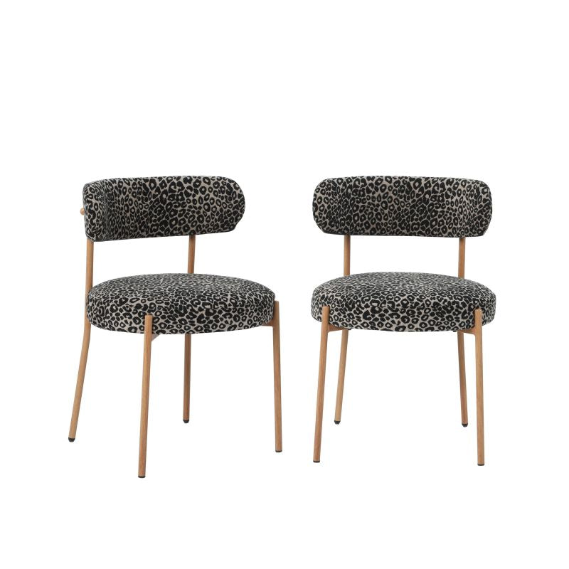 Lot de 2 chaises tissu imprimé léopard noir, pieds métal finition bois, design contemporain
