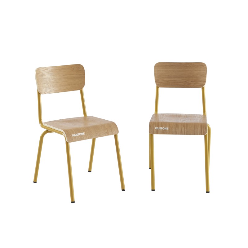Lot de 2 chaises vintage jaune moutarde placage frêne pieds métal, style écolier