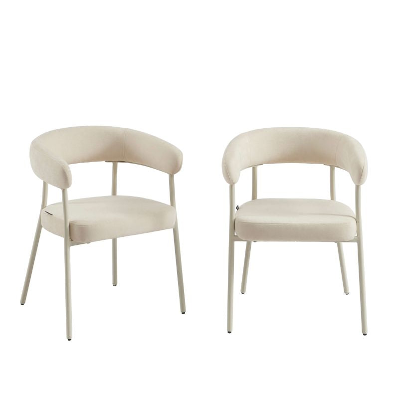 Lot de 2 chaises tissu beige sable pieds métal, design arrondi minimaliste pour cuisine moderne