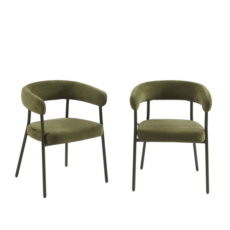 Lot de 2 chaises design tissu vert olive et pieds métal, style minimaliste