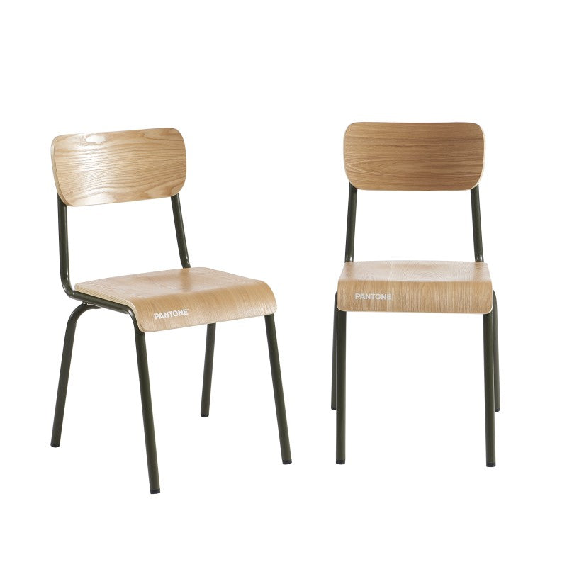 Lot de 2 chaises Pantone vert olive placage frêne et pieds métal, style vintage