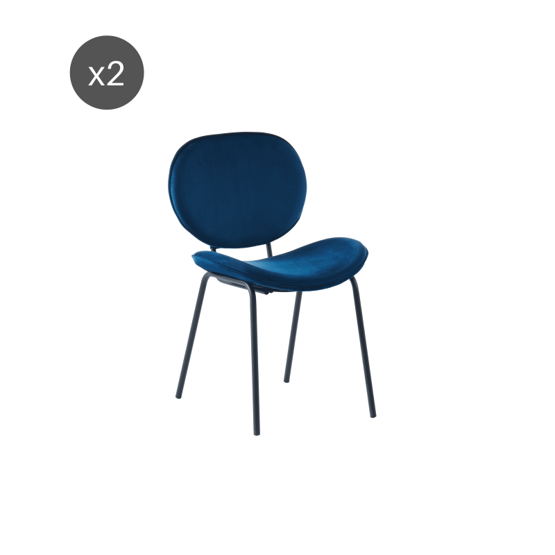 Lot de 2 chaises velours bleu pieds métal noir, style contemporain pour cuisine ou salle à manger
