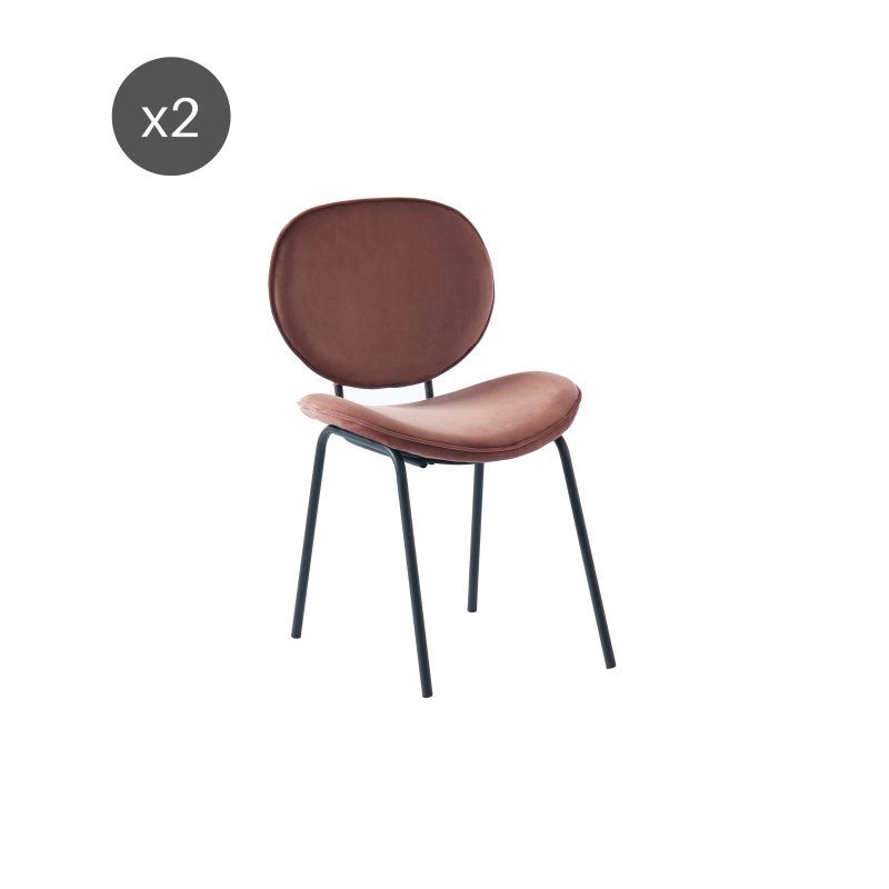 Lot de 2 chaises velours rose pieds métal noir, design contemporain pour salle à manger