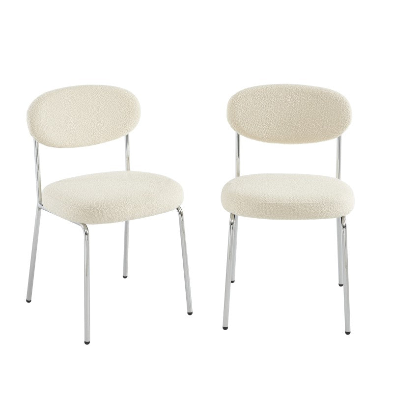 Lot de 2 chaises bouclette écrue pieds chromés, design contemporain confort
