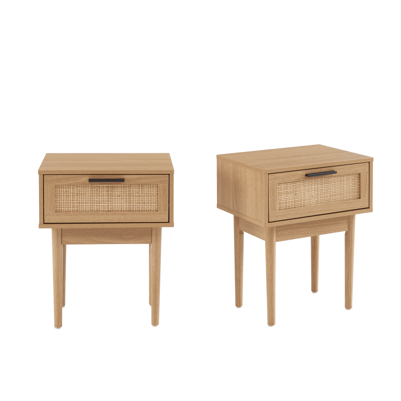 Lot de 2 tables de chevet effet chêne et cannage rotin, style bohème chic