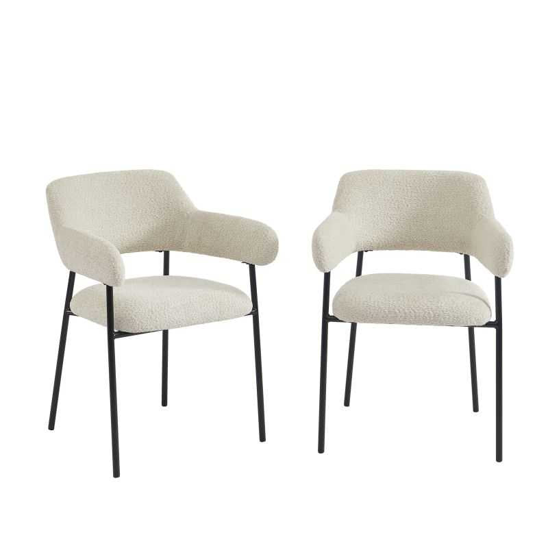 Lot de 2 fauteuils repas tissu beige et pieds métal noir, style contemporain épuré