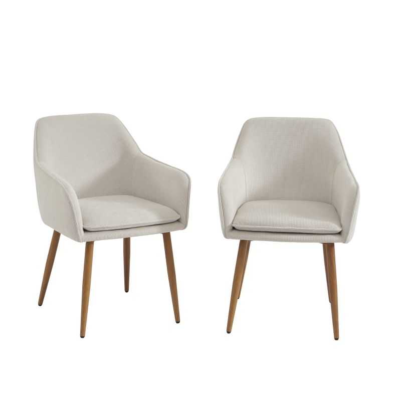 Lot de 2 fauteuils tissu écru pieds métal finition bois, design épuré pour cuisine moderne