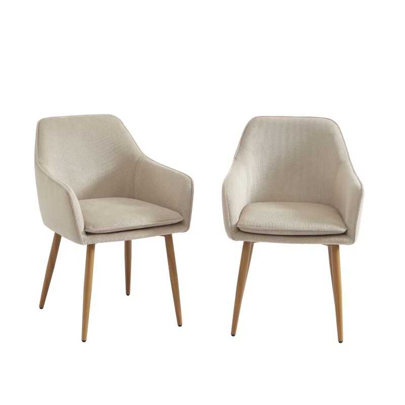 Lot de 2 fauteuils tissu grège pieds métal finition bois, design épuré pour cuisine moderne