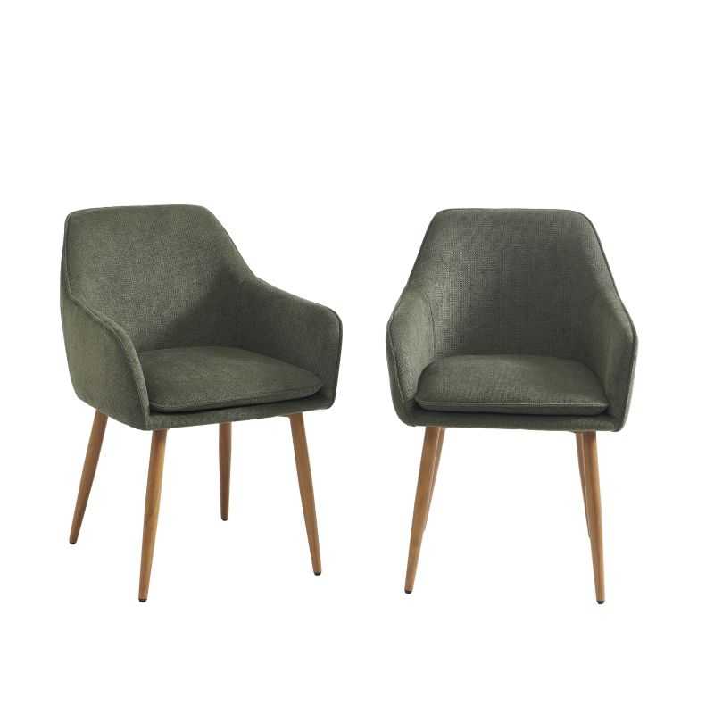 Lot de 2 fauteuils tissu vert pieds métal finition bois, design épuré pour cuisine moderne