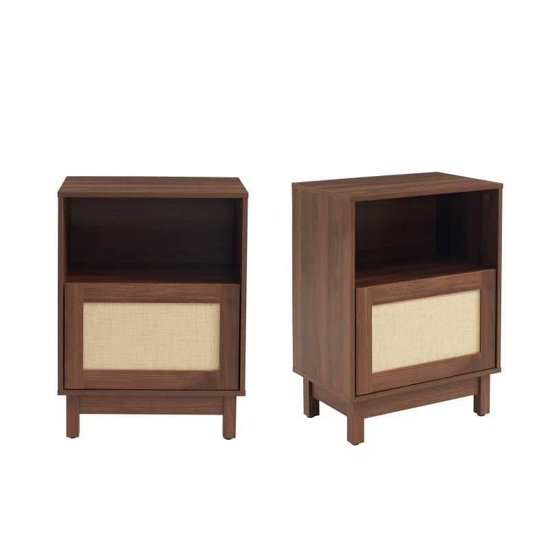 Lot de 2 tables de chevet effet noyer et rotin, style bohème naturel