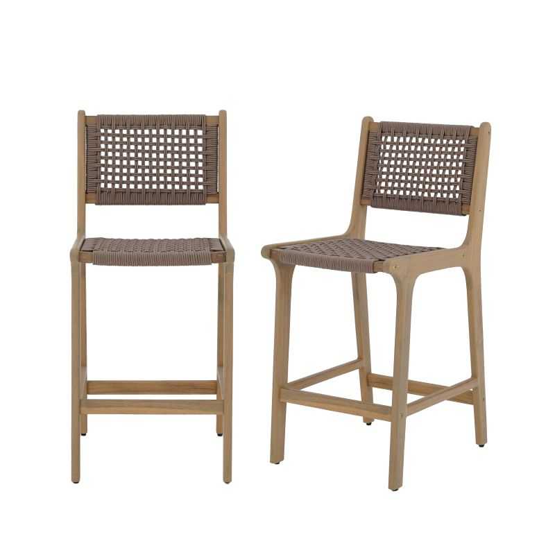 Lot de 2 tabourets de bar en acacia et corde marron clair H66cm, style naturel