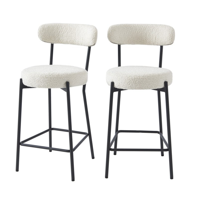 Lot de 2 tabourets de bar NOA tissu bouclette blanc H66 cm, style industriel arrondi