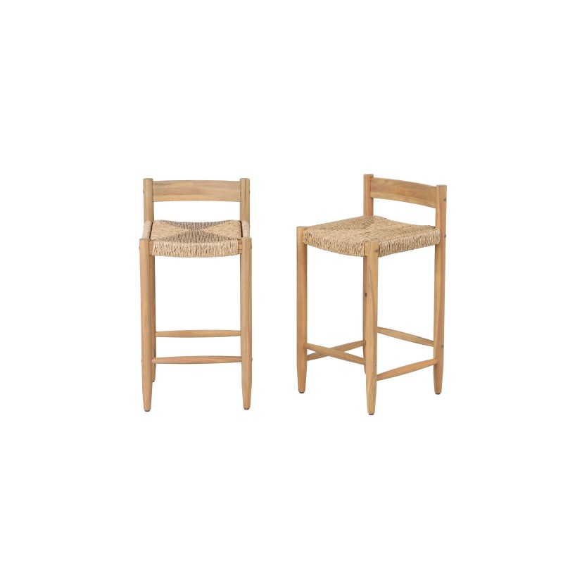 Lot de 2 tabourets de bar H65cm bois d'acacia et résine tressée, usage intérieur extérieur