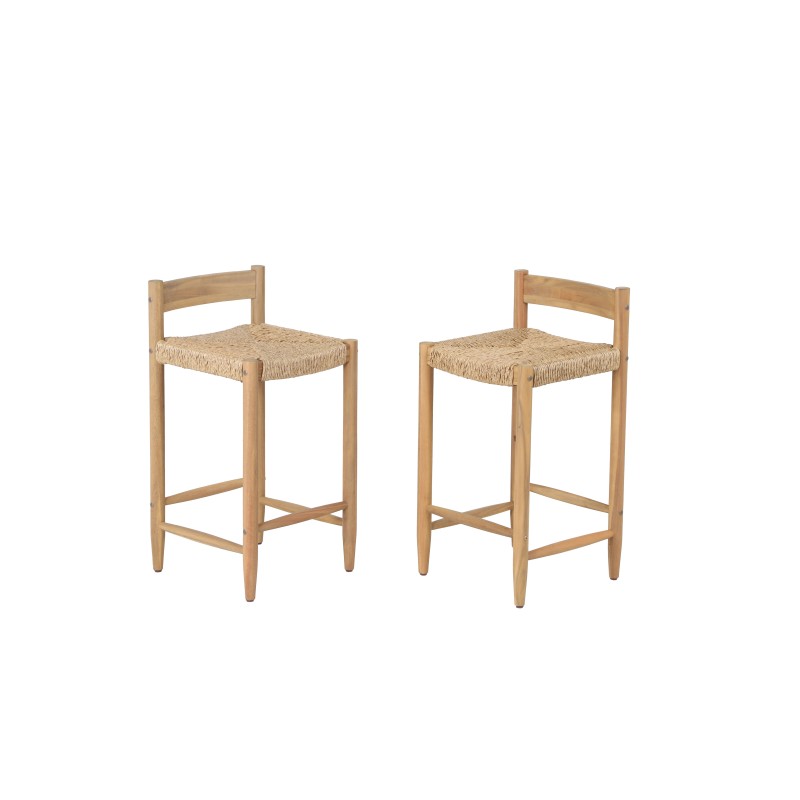 Lot de 2 tabourets de bar intérieur/extérieur TEVA bois d'acacia et résine tressée H65 cm