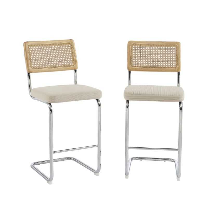 Lot de 2 tabourets mi-hauts cannage velours côtelé beige, style contemporain pour îlot central