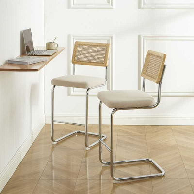 Lot de 2 tabourets mi-hauts ELLA cannage velours côtelé beige