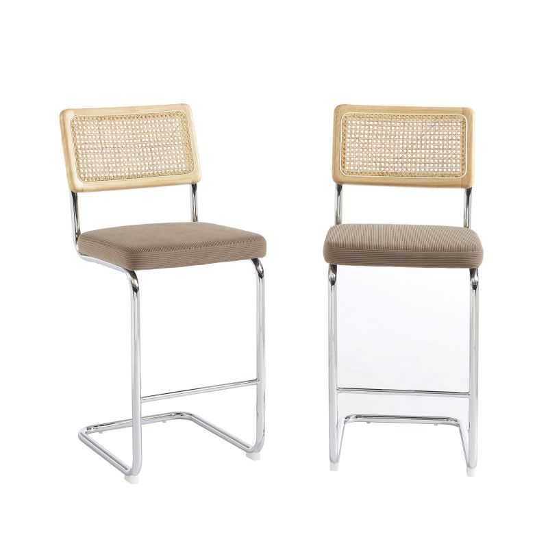Lot de 2 tabourets mi-hauts cannage velours côtelé grège, idéaux pour îlot de cuisine