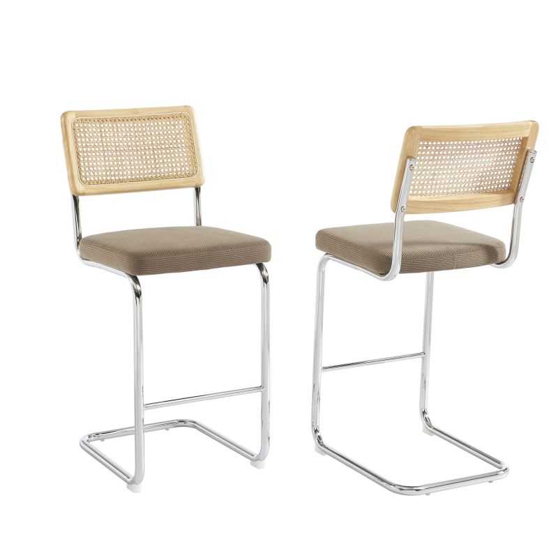 Lot de 2 tabourets mi-hauts ELLA cannage velours côtelé grège