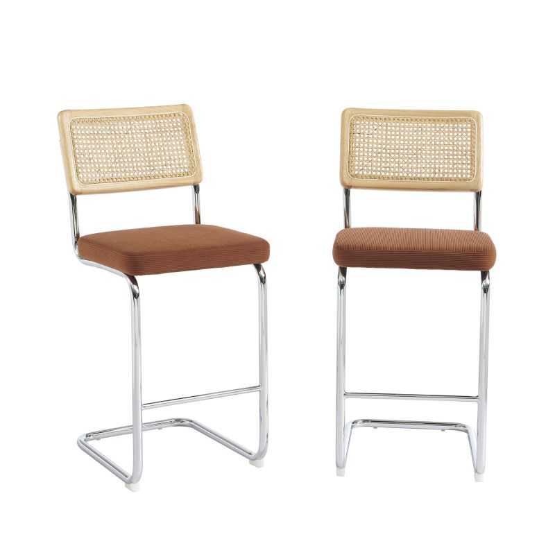 Lot de 2 tabourets mi-hauts velours côtelé terracotta avec cannage, pour îlot de cuisine