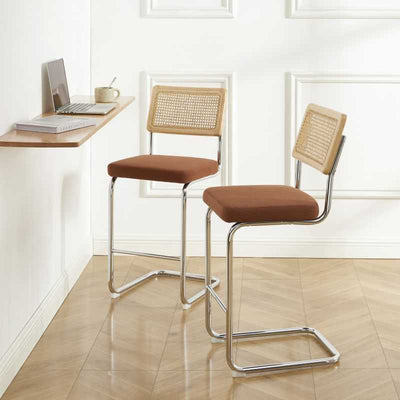 Lot de 2 tabourets mi-hauts ELLA cannage velours côtelé terracotta