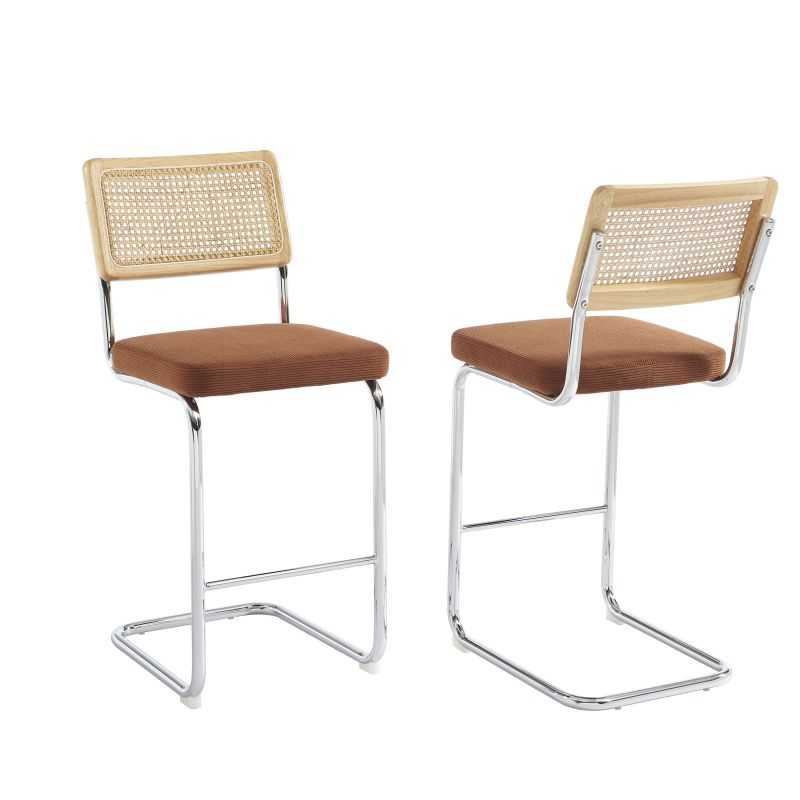 Lot de 2 tabourets mi-hauts ELLA cannage velours côtelé terracotta