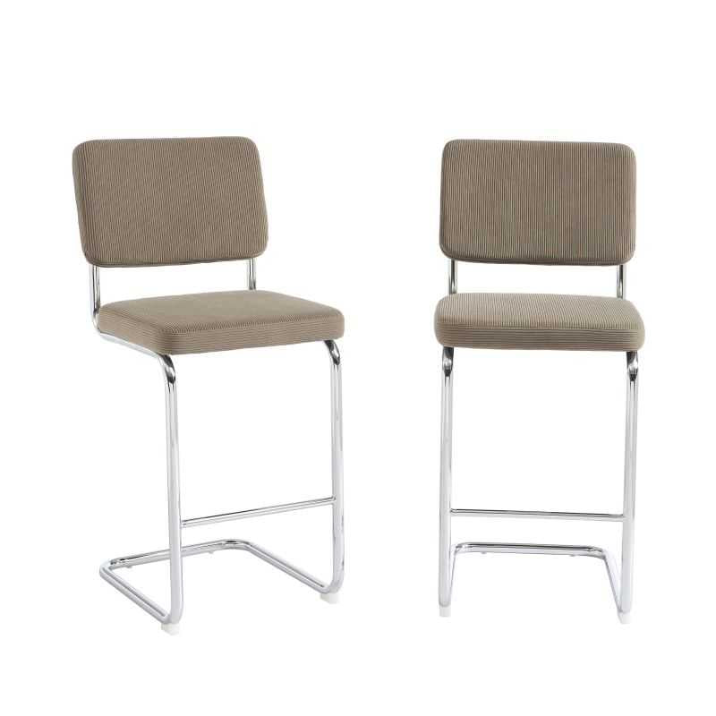 Lot de 2 tabourets mi-hauts velours côtelé grège, pieds métal, style contemporain