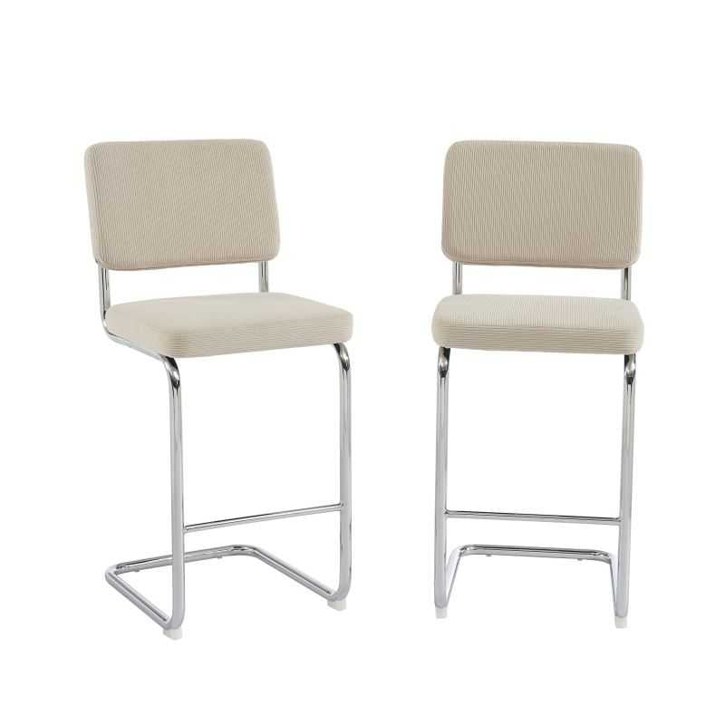Lot de 2 tabourets mi-hauts velours côtelé beige, pieds métal, style contemporain