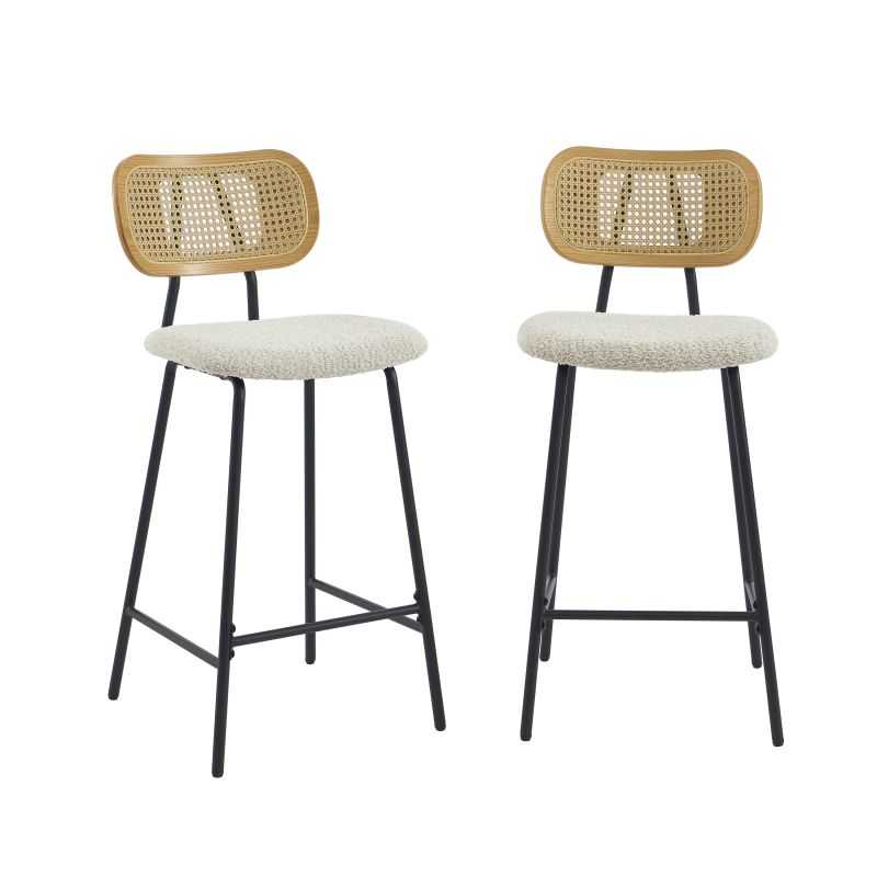 Lot de 2 tabourets tissu bouclette crème et dossier cannage rotin, style naturel