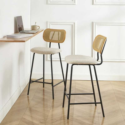 Lot de 2 tabourets TINA tissu bouclette crème et cannage rotin
