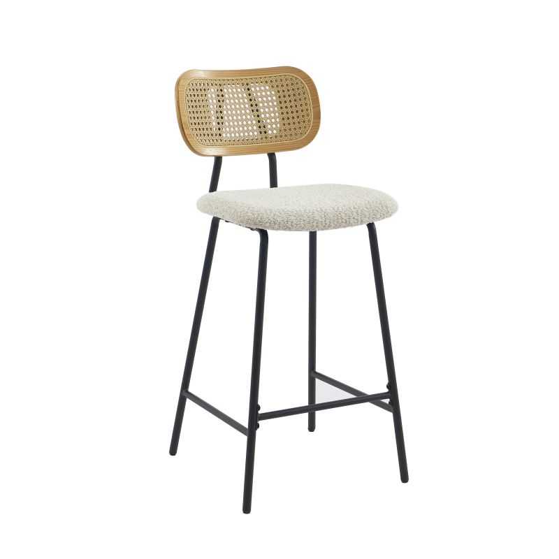 Lot de 2 tabourets TINA tissu bouclette crème et cannage rotin