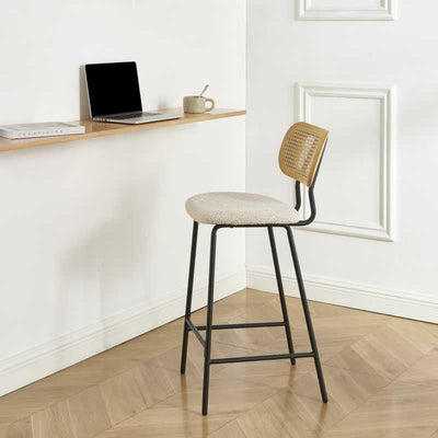 Lot de 2 tabourets TINA tissu bouclette crème et cannage rotin
