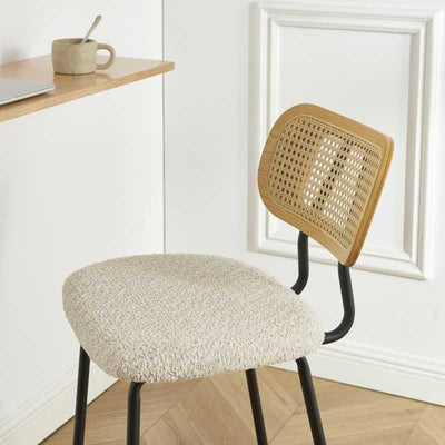 Lot de 2 tabourets TINA tissu bouclette crème et cannage rotin