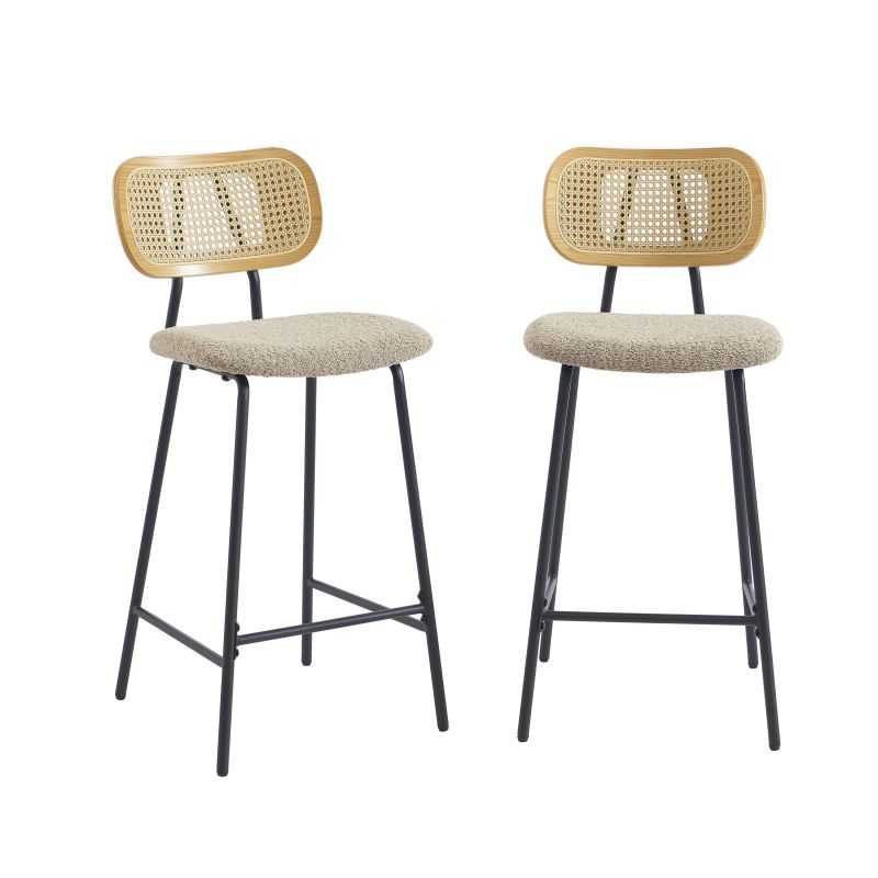 Lot de 2 tabourets tissu bouclette taupe et dossier cannage rotin, style naturel