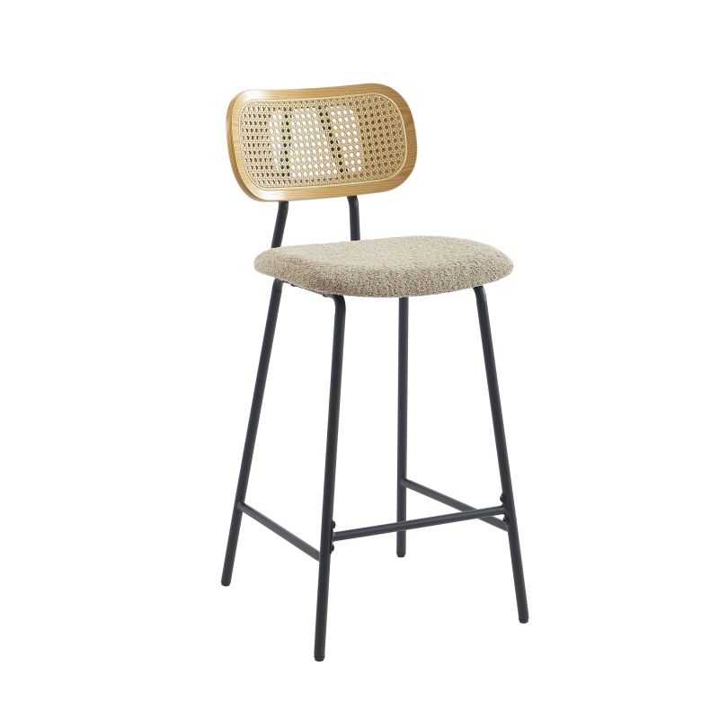 Lot de 2 tabourets TINA tissu bouclette taupe et cannage rotin