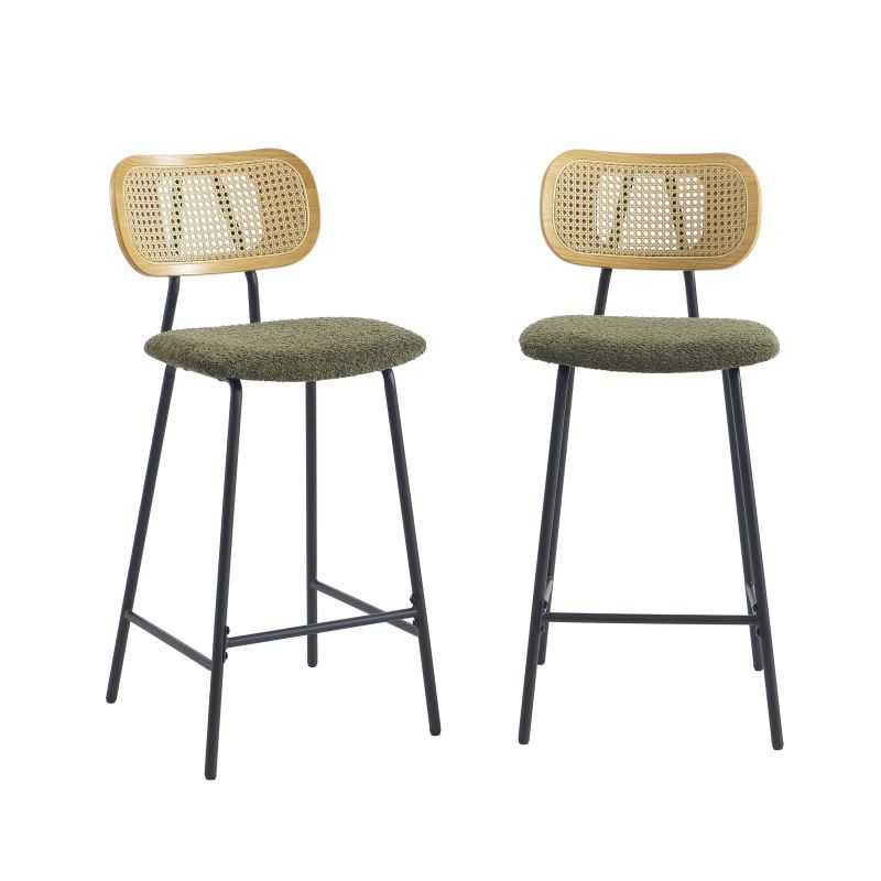 Lot de 2 tabourets tissu bouclette vert et dossier cannage rotin, style naturel