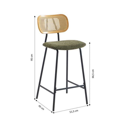 Lot de 2 tabourets TINA tissu bouclette vert et cannage rotin