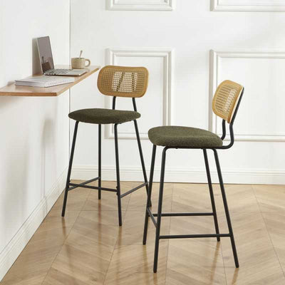 Lot de 2 tabourets TINA tissu bouclette vert et cannage rotin