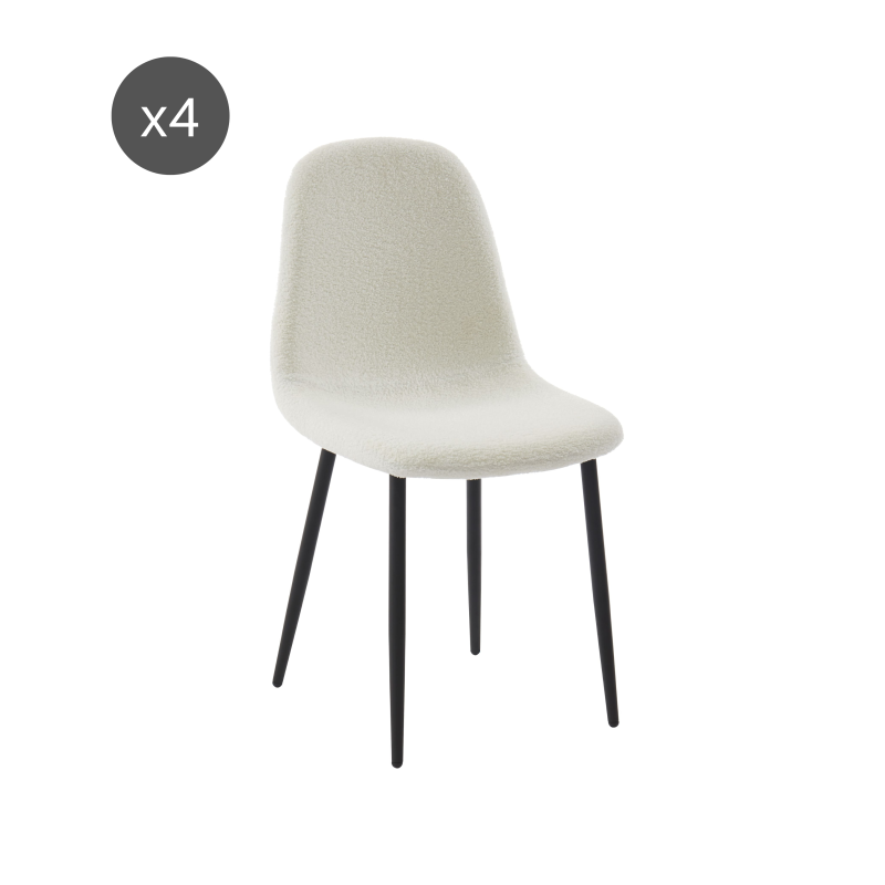 Lot de 4 chaises design bouclette écru pieds métal noir, style contemporain chic