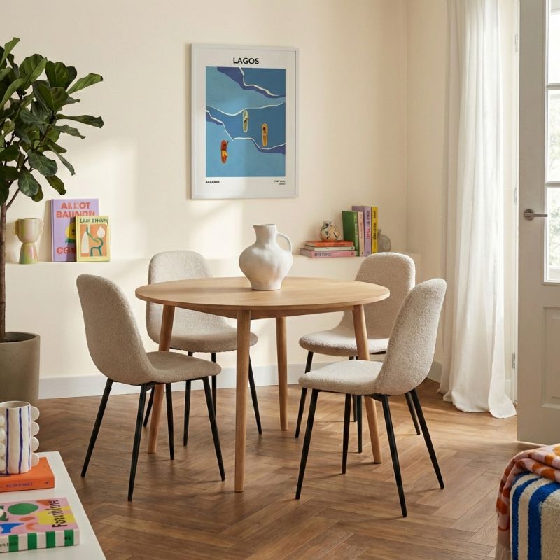 Lot de 4 chaises LENA tissu bouclette écru pieds métal noir