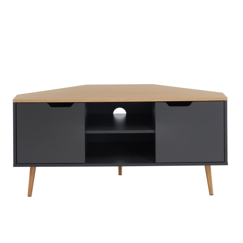 Meuble TV d'angle 115cm coloris gris et effet chêne, style industriel pour salon