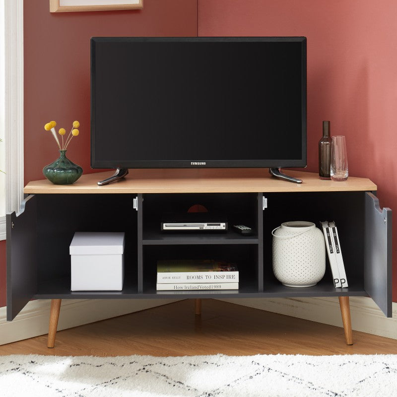 Meuble TV d'angle LYNA gris et effet chêne 115cm