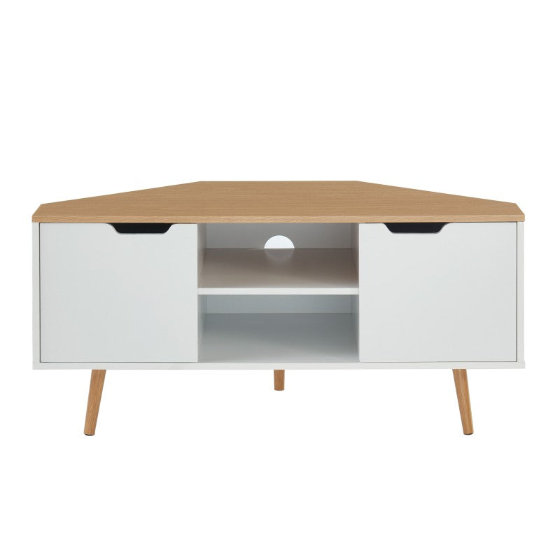 Meuble TV d'angle 115cm blanc et effet chêne, style industriel pour salon moderne
