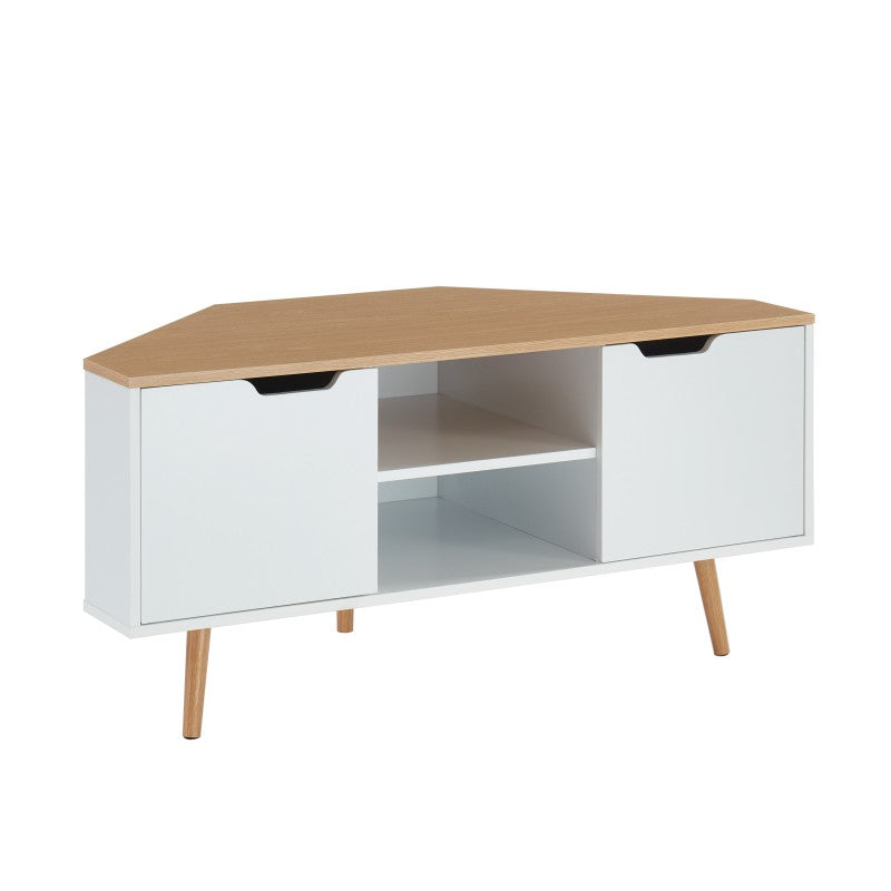 Meuble TV d'angle LYNA blanc et effet chêne 115cm