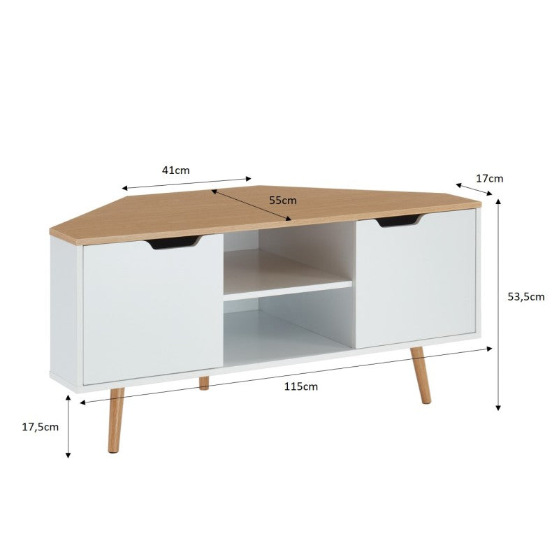 Meuble TV d'angle LYNA blanc et effet chêne 115cm