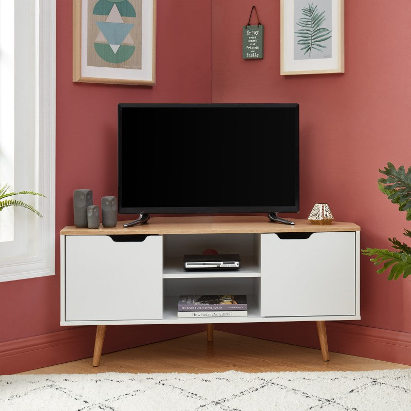 Meuble TV d'angle LYNA blanc et effet chêne 115cm