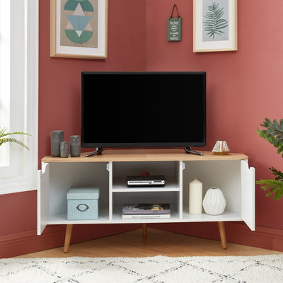 Meuble TV d'angle LYNA blanc et effet chêne 115cm