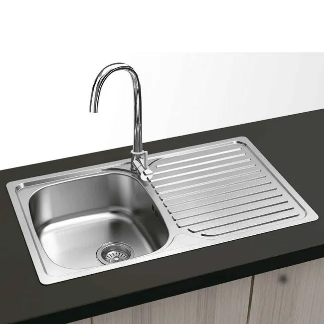 Évier encastrable : 1 cuve 1 égouttoir 80x48 cm inox avec bonde trop-plein et siphon