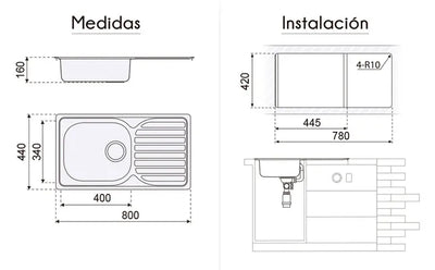 Évier encastrable : 1 cuve 1 égouttoir 80x48 cm inox avec bonde trop-plein et siphon